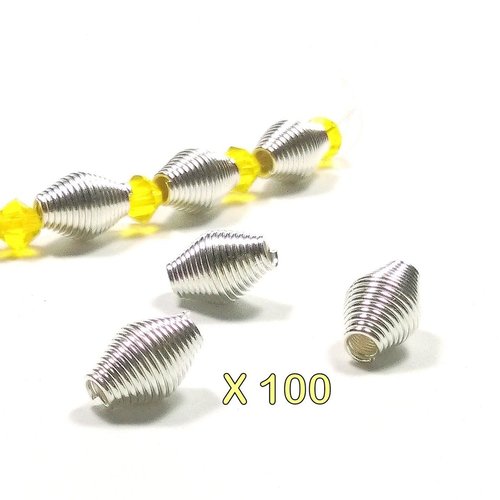 100 perles toupies ressort en métal argenté clair 9 mm
