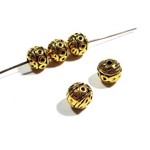 5 perles rondes style tibétaine 8 mm en métal vieil or