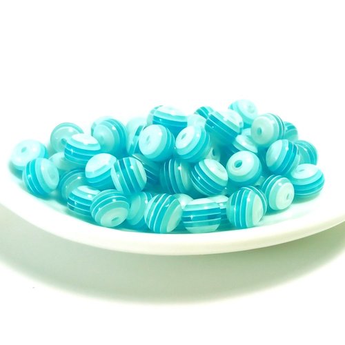 100 perles rondes en résine 6mm rayées bleu turquoise