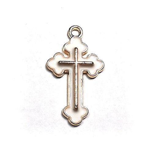 Pendentif croix crucifix breloque en métal doré émaillée blanc 25 mm
