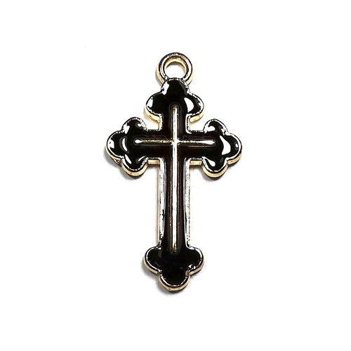 Pendentif croix crucifix breloque en métal doré émaillée noir 25 mm