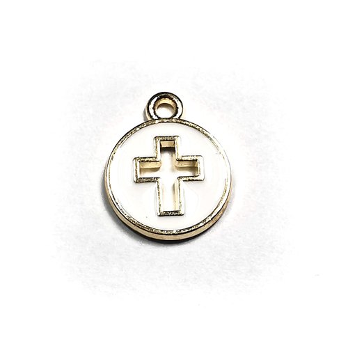 Médaillon croix crucifix breloque en métal doré émaillée blanc 15 mm