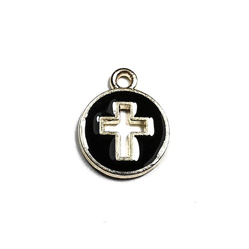 Médaillon croix crucifix breloque en métal doré émaillée noir 15 mm