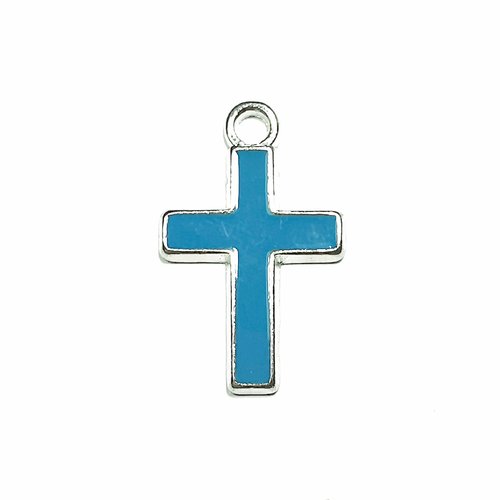 Pendentif croix crucifix breloque en métal argenté émaillée turquoise 25 mm