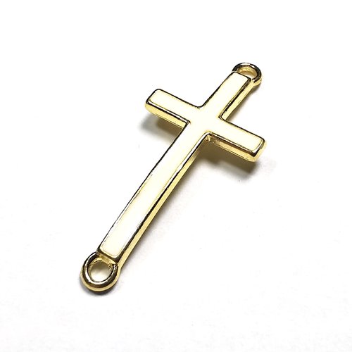 Connecteur croix crucifix en métal doré émaillé blanc cassé 33 mm