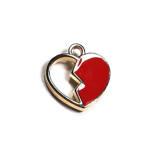 Breloque coeur brisé pendentif en métal doré émaillée rouge 14 mm