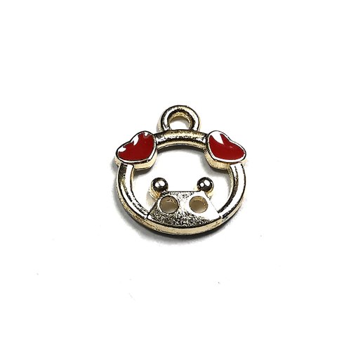 Breloque cochon oreilles coeur pendentif en métal doré émaillée blanc et rouge 11 mm