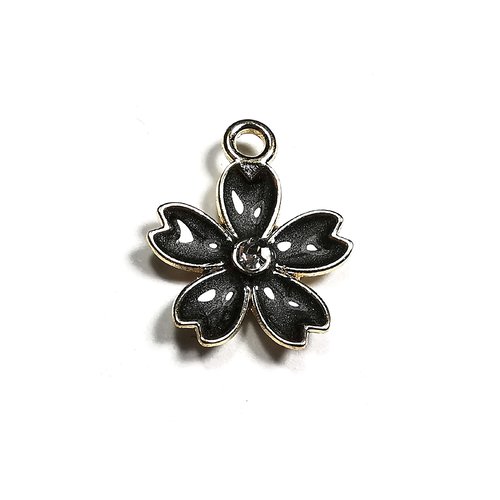 Breloque pendentif fleur en métal doré émaillé noir nacré 18 mm