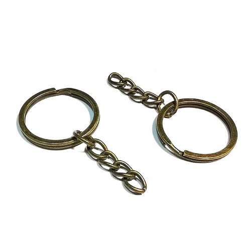 10 anneaux porte clés 25 mm avec chainette en métal bronze