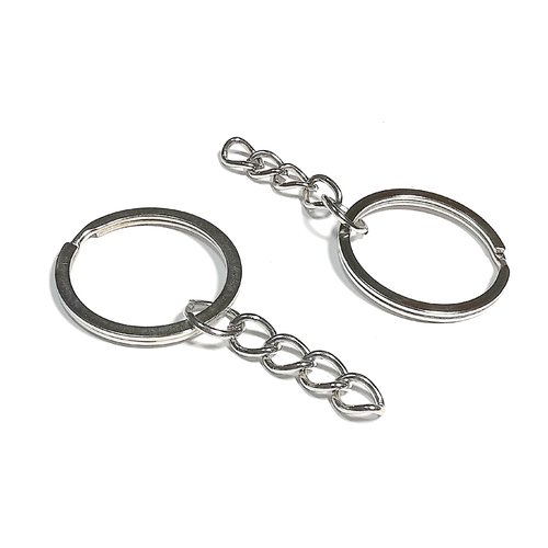 10 anneaux porte clés 25 mm avec chainette en métal argent