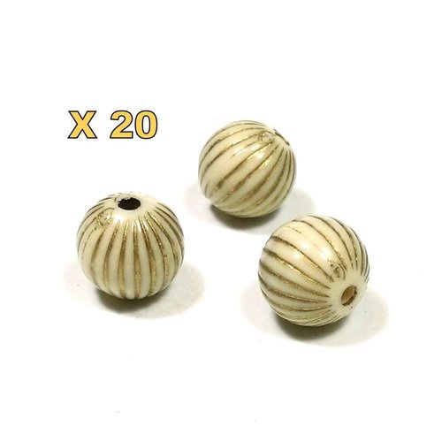 20 perles rondes ivoire et or 10 mm acrylique
