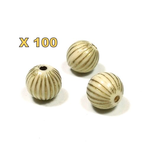 100 perles rondes ivoire et or 10 mm acrylique