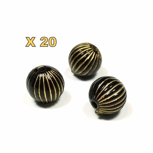 20 perles rondes noir et or 10 mm acrylique
