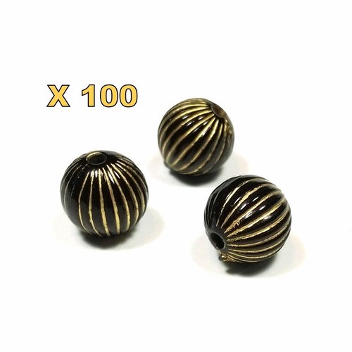 100 perles rondes noir et or 10 mm acrylique
