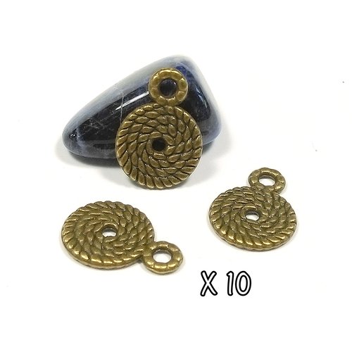 10 breloques pendentifs rond corde métal bronze 15 mm