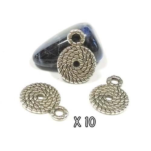 10 breloques pendentifs rond corde métal argent 15 mm