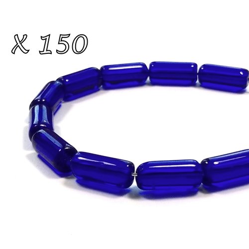 150 perles tubes de verre 10 mm x 4 mm bleu foncé