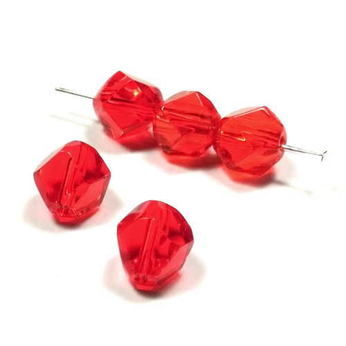 10 perles de verre a facettes irrégulières 9.5 mm rouge
