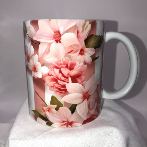 Mug, tasse motif fleurs rose et rayures