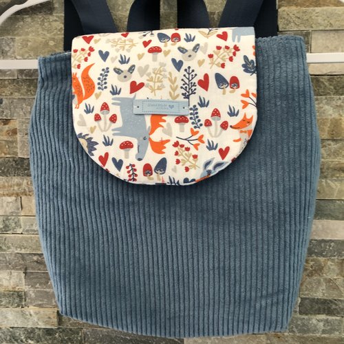 Sac à dos enfant bleu en velours côtelé et coton à motifs d'animaux de la forêt