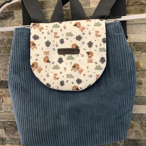 Sac à dos enfant bleu en velours côtelé et coton à motifs de renard