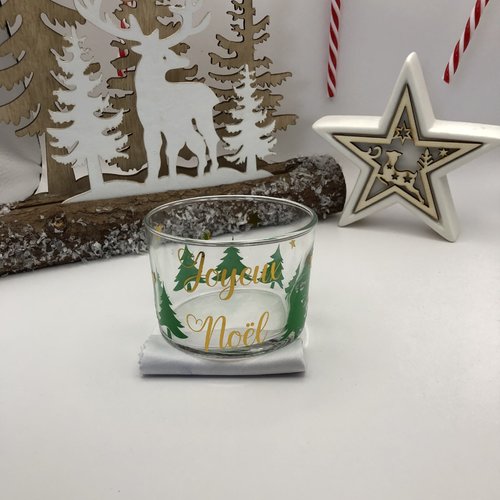 Ramequin/petit pot décoré en verre: sapins verts et "joyeux noël" doré