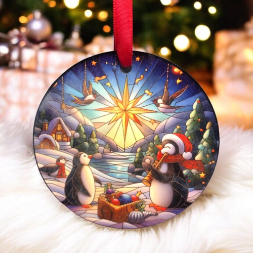 Décoration boule plate de noël en bois - pingouins sur la banquise