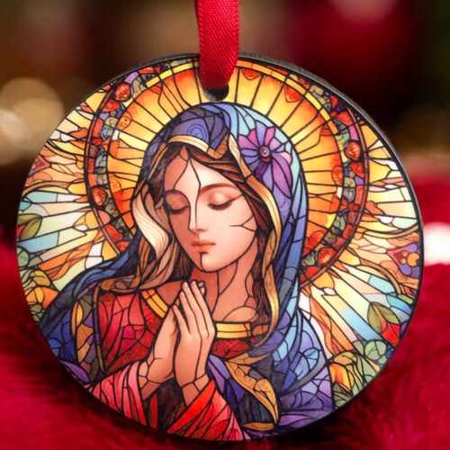 Décoration boule plate de noël en bois - vierge marie