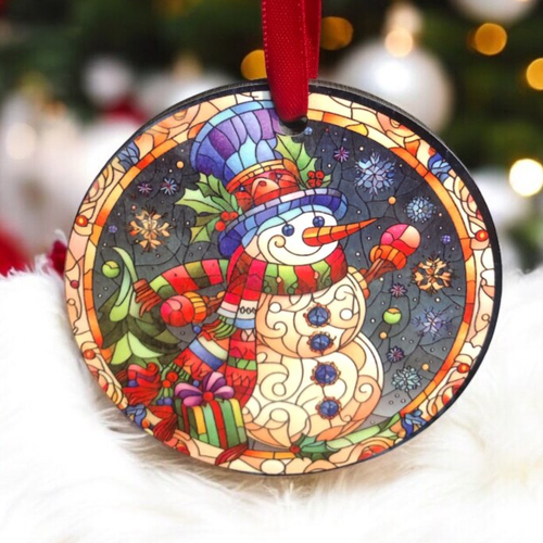 Décoration boule plate de noël en bois - bonhomme de neige