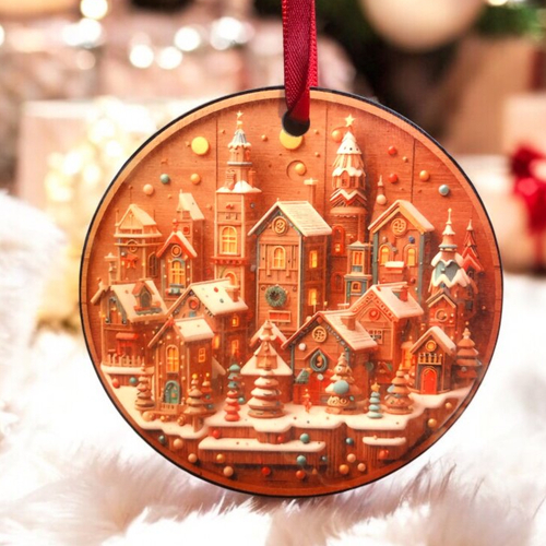 Décoration boule plate de noël en bois - village de noël, effet bois
