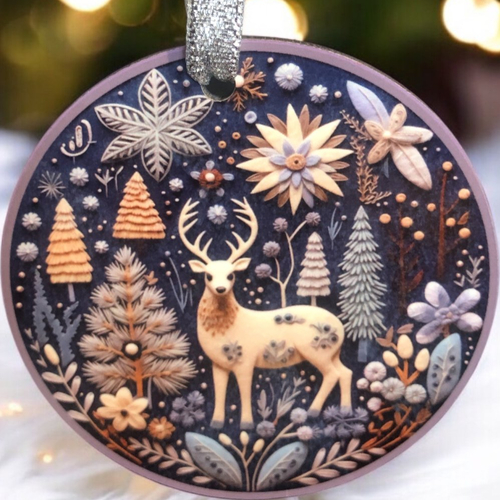 Décoration boule plate de noël en bois - paysage et cerf - bleu