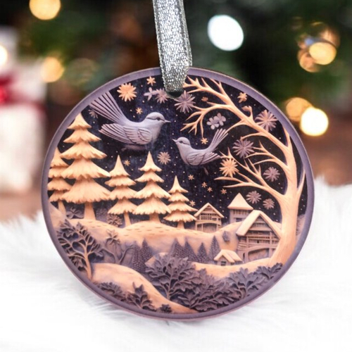 Décoration boule plate de noël en bois - paysage bleu