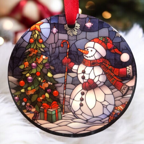 Décoration boule plate de noël en bois - bonhomme de neige