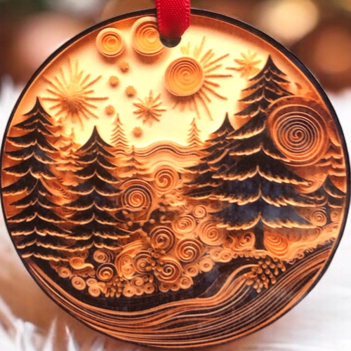 Décoration boule plate de noël en bois - paysage d'hiver, effet bois