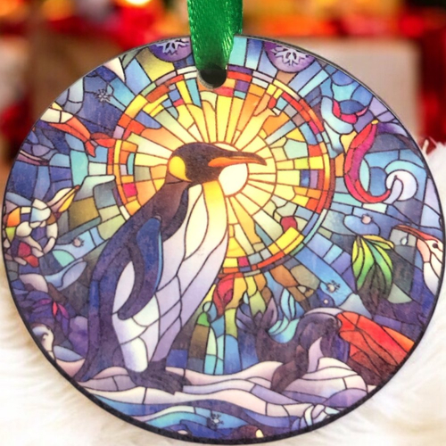 Décoration boule plate de noël en bois - pingouin