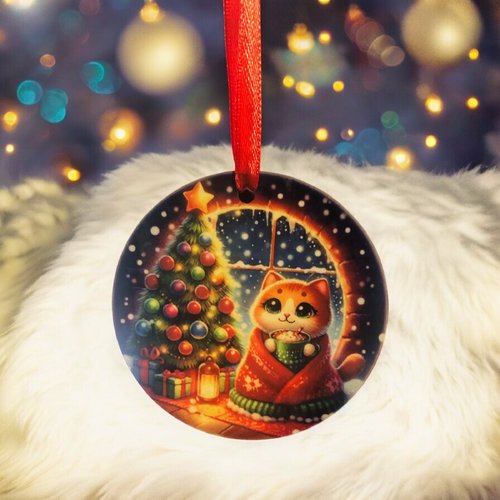 Décoration boule plate de noël en bois - chat