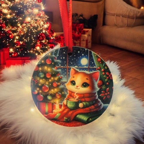 Décoration boule plate de noël en bois - chat