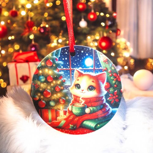 Décoration boule plate de noël en bois - chat