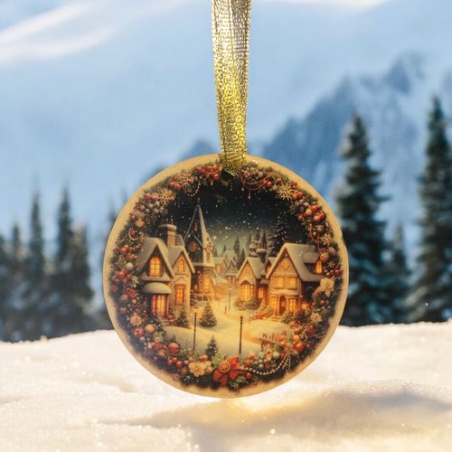 Décoration boule plate de noël en bois - vintage