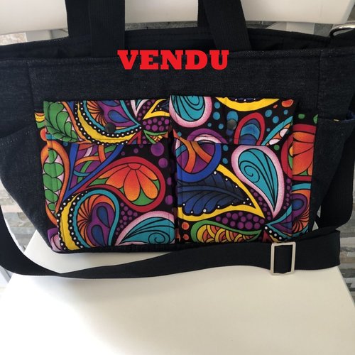 Sac jean et coton à porter à la main ou en bandoulière avec nombreuses poches