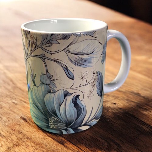 Mug fleurs bleues sur fond beige