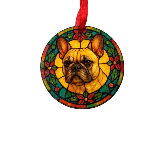 Décoration boule plate de noël en bois - bulldog français