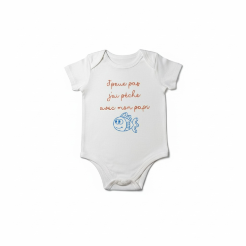 Body bébé avec message: "j'peux pas j'ai pêche avec mon papi" - blanc