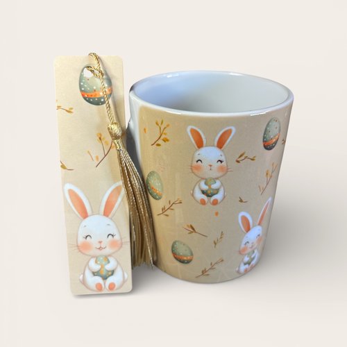 Pack cadeau - mug en céramique + marque-page en aluminium - pâques