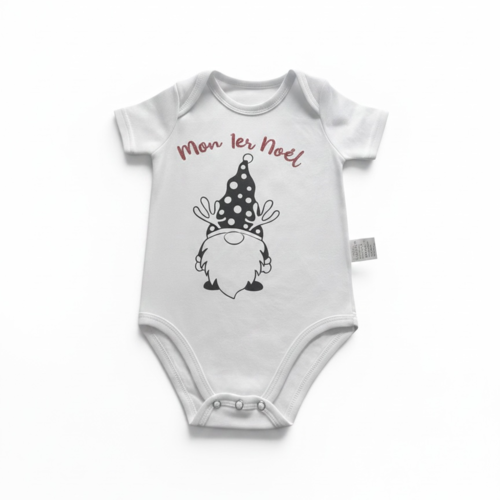 Body bébé avec message: "mon premier noël" - gnome- blanc