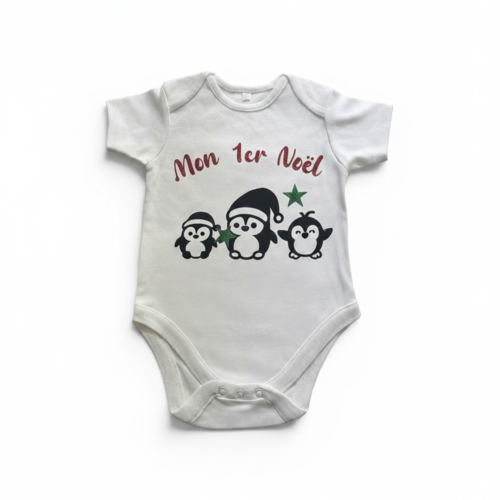 Body bébé avec message: "mon premier noël" - pingoins- blanc