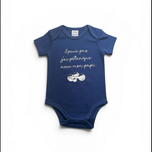 Body bébé avec message: "j'peux pas j'ai pétanque avec mon papi" - bleu marine