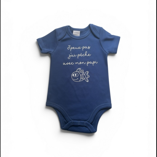 Body bébé avec message: "j'peux pas, j'ai pêche avec mon papi" - bleu marine