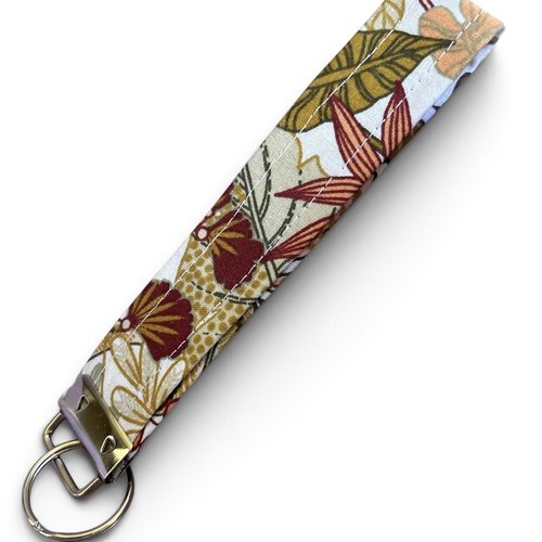 Porte-clé dragonne cousu main - fleurs et feuilles rose, vert et kaki