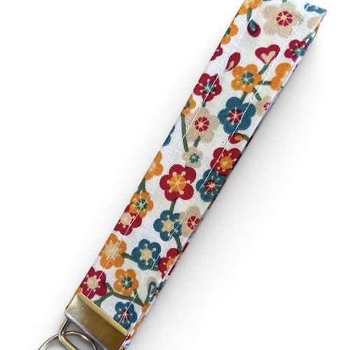Porte-clé dragonne cousu main - tissu à petites fleurs rouges, orange et bleu roy style liberty